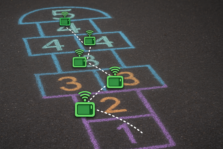 Blursed image of a hopscotch game with multiple 3s and 4s written on the squares